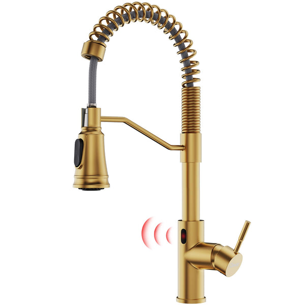 GIMILI Gold Touchless Kitchen Faucet with Pull Down Sprayer, Brushed Brass Motion Sensor Smart Hands-Free Activated Single Hole Spring Faucet for Kitchen Sink