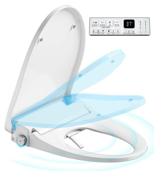 Upgrade Auto Open & Slow Close Lid Electric Heated Bidet Toilet Seat with Dryer and Warmer Water for Elongated, Endless Warmer Water, Remote Control, Curved Spray Bar, 70" Power Cord, Clean Water