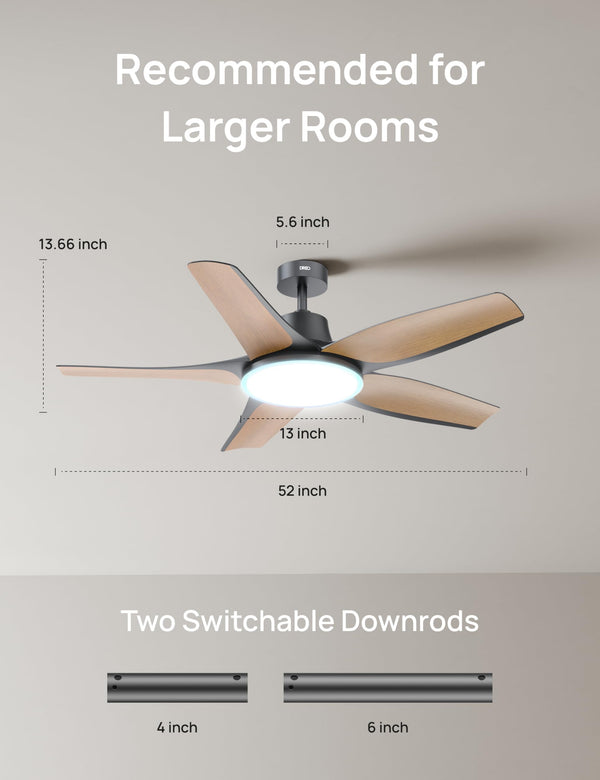 Dreo Smart Ceiling Fans with Lights, Low profile Ceiling Fan with Alexa/App, 52'' Dimmable Lighting & Color Tuning, RGB Ambient Light for Living Room, Game Room, Easy Installation, Quiet, Black