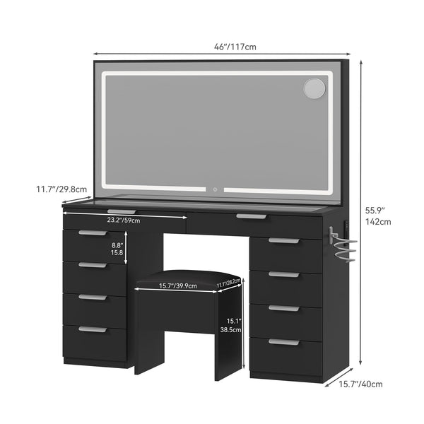 YITAHOME Vanity Desk, Makeup Vanity Set with Large Mirror, 10-Drawer Vanity Table with Power Hub & Hair Dryer Rack, Glass Top with Adjustable 3 Color Modes