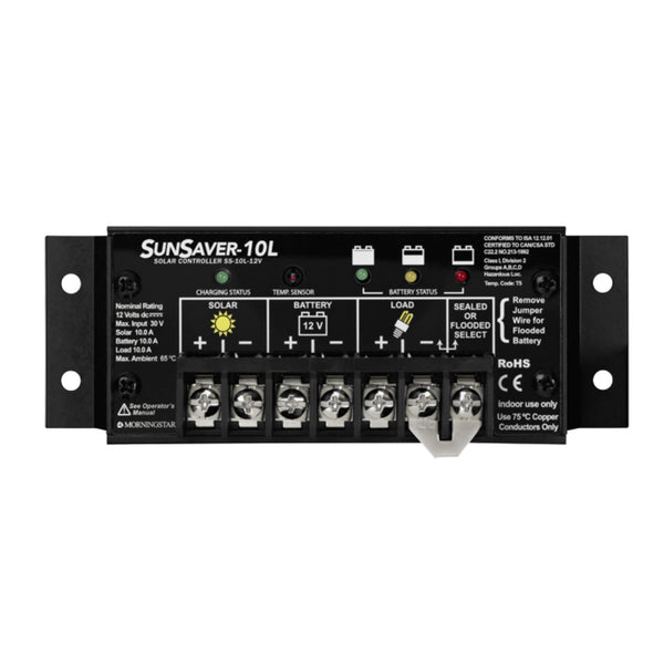 Morningstar SunSaver 10A PWM Solar Charge Controller (SS-10L-12V) - Solar Panel Regulator for 12V batteries, Four Stage Battery Charging, LVD, HazLoc Rated, Low Noise, 5 Year WTY - Designed in the USA