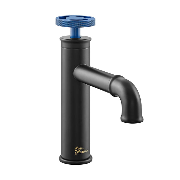 Swiss Madison Well Made Forever Avallon Single Hole, Single-Handle Wheel, Bathroom Faucet in Matte Black with Blue Handle