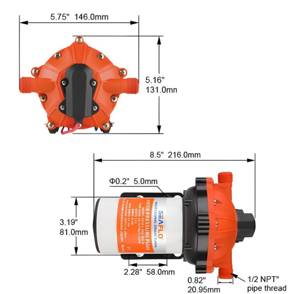 SEAFLO 55-Series Diaphragm Pump - 12V DC, 5.5 GPM, 60 PSI with Heavy Duty Pressure Switch, Self-Priming, Built-in Bypass, High Flow | Ideal for RV, Marine, and Off-Grid Water Systems