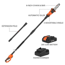 Pole Saw 8-Inch Cordless Pole Saws for Tree Trimming, 15-Feet MAX Reach Electric Pole Saw, 16ft/s Cutting Speed Auto Oiling Multi-Angle Pole Chainsaw with 20V 2.0Ah Battery & Charger