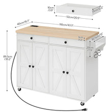 HOOBRO 43.3 Inch Kitchen Island with Charging Station, Rolling Cart with Storage, Spice Rack and Hooks, for Living Room, White and Natural WN11UZD01