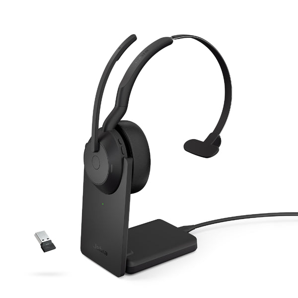 Jabra Evolve2 55 Mono Wireless Headset with Charging Stand AirComfort Technology, Noise-Cancelling Mics & Active Noise Cancellation - Works with UC Platforms Such as Zoom & Google Meet - Black