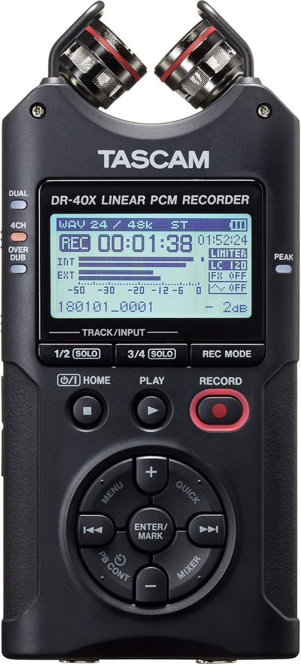 TASCAM DR-40X 4-Track Portable Handheld Field Recorder — 2 XLR/TRS Inputs, USB Audio Interface, Dual Adjustable Microphones for Stereo Recording of Music, Audio for Video and Podcasting