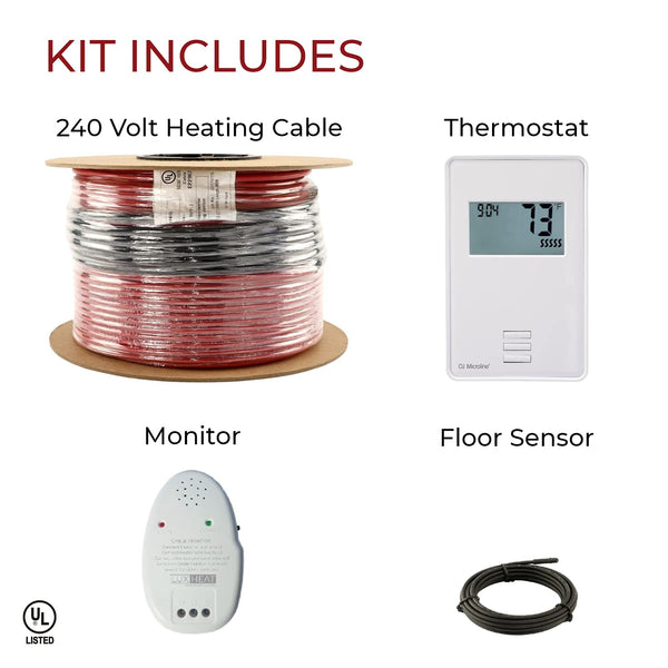 LuxHeat 40sqft Floor Heating Cable Kit - 240v Laminate, Vinyl, Tile Floor Heating Kit - Heated Flooring System - Includes UTN4 Non-Programmable Thermostat w/GFCI, Heater Cable, Alarm & Flooring Sensor