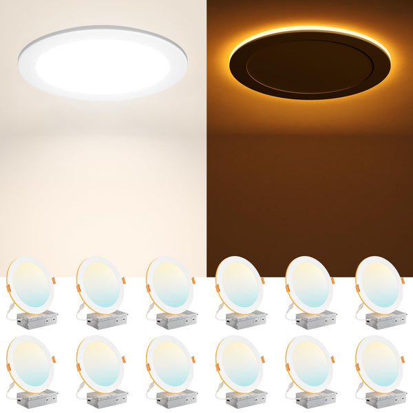 Amico 12 Pack 8 Inch 5CCT LED Recessed Ceiling Light with Night Light, 2700K/3000K/3500K/4000K/5000K Selectable Ultra-Thin Recessed Lighting, 18W=120W, 1600LM, Dimmable Canless Wafer Downlight ETL&FCC