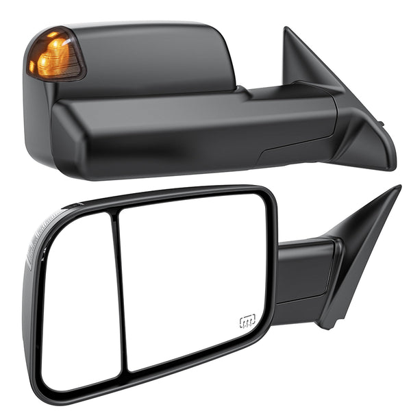 Smoked Power Heated Tow Mirrors Compatible with Dodge Ram 1500 2002-2008, 2500 3500 2003-2009, Flip Up Extended Trailer Towing Side Mirrors, Black Housing