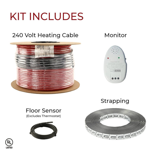 LuxHeat 60sqft Floor Heating Cable Kit - 240v Electric Heated Floor System for Tile, Vinyl, Laminate - Electric Radiant Heated Flooring System - Includes Heater Cable, Strapping, Sensor & Alarm