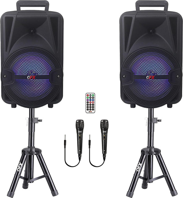 QFX PBX-800TWS 8-Inch TWS Bluetooth Stereo PA System with 2 8" Speakers, 2 Microphones, 2 Stands, and a Remote Control