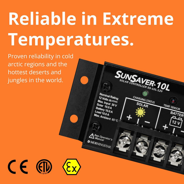 Morningstar SunSaver 10A PWM Solar Charge Controller (SS-10L-12V) - Solar Panel Regulator for 12V batteries, Four Stage Battery Charging, LVD, HazLoc Rated, Low Noise, 5 Year WTY - Designed in the USA