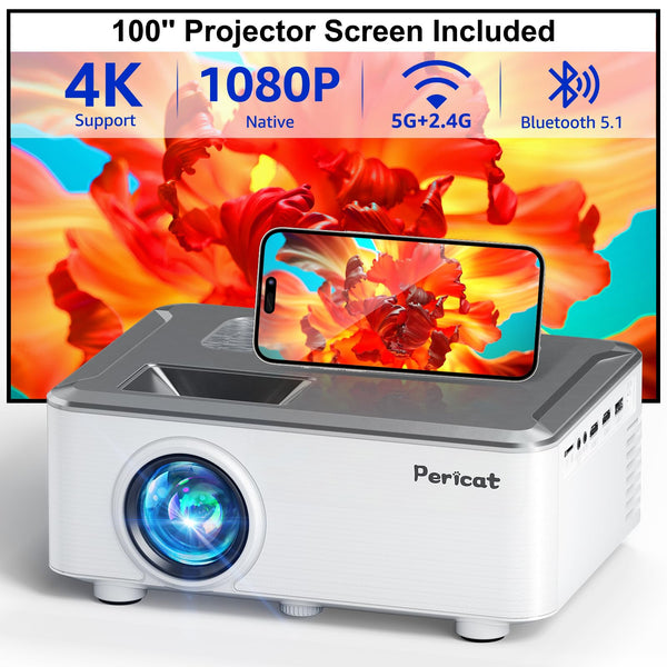 5G WIFI Bluetooth Projector with 100" Screen, 15000L Native 1080P Outdoor Projector, Pericat Home Theater Movie Projector,15W HIFI Speaker Video Projector Compatible with TV Stick/Phone/PC/Xbox