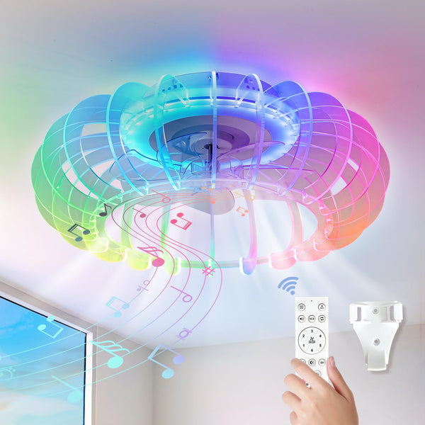 21” Low Profile Bladeless Ceiling Fan with Lights RGB Dimmable LED Enclosed Ceiling Fans with Light and Remote 6 Wind Speeds Reversible Ceiling Fan with Bluetooth Speaker for Kids Room Bedroom Party