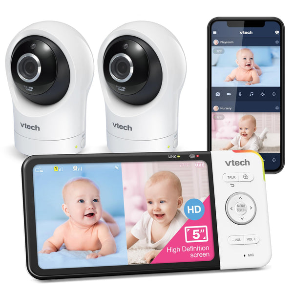 VTech RM5764-2HD 1080p Smart WiFi Remote Access 2 Camera BabyMonitor, 360° Pan & Tilt, 5" 720p HD Display, Night Vision, Soothing Sounds, 2-Way Talk, Temperature & Motion Detection, iOS & Android