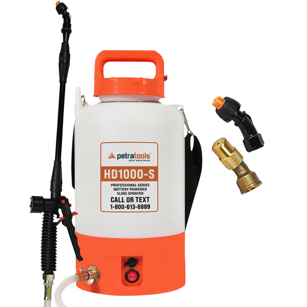 PetraTools Battery Powered Sprayer 1 Gallon - HD1000-S - Heavy Duty Electric Sprayers in Lawn and Garden for Weed/Pest Control, Watering & More - with 2 Nozzles & Strap (1 Gallon)