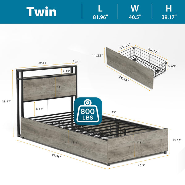 Kiivakii Twin Size Bed Frame with 4 Storage Drawers, LED Platform Bed with Headboard, Built in Charging Station, Noise-Free, Metal Support Base, No Box Spring Needed, Gray