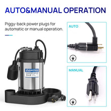 AQUASTRONG 3/4 HP Sump Pump Submersible, 4890 GPH Stainless Steel and Cast Iron Sump Pump, Automatic Float Switch with Piggy-back Plug,1-1/2