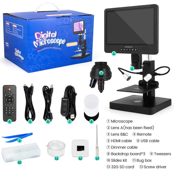 Andonstar AD249S-P 10.1 Inch HDMI Digital Microscope, 4000x 3 Lens 2160P UHD Video Record, Biological Microscope Kit for Adults and Kids, Coin Microscope for Error Coins, Prepared Slides, 32G SD Card