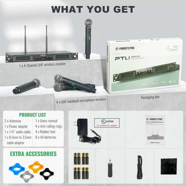 Phenyx Pro Wireless Microphone System, 4-Channel UHF Wireless Mic, Fixed Frequency Metal Cordless Mic with 4 Handheld Dynamic Microphones, 260ft Range, Mics for Singing, Church(PTU-5000-4H)