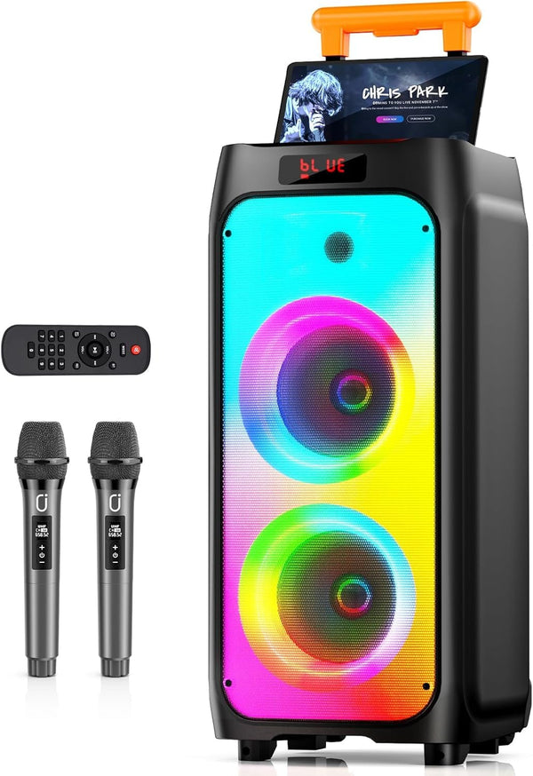 HWWR Karaoke Machine with 2 Wireless Microphones, Portable Bluetooth Karaoke Speaker for Outdoor, Big Party Speaker with Disco Lights for Gatherings, The Best Gifts for Christmas