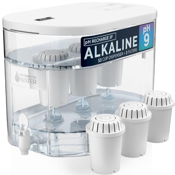 Invigorated Water - Alkaline Countertop Water Filter Dispenser, Large 52-Cup Capacity, Mineralized Alkaline Water, BPA-Free, 96 Gallons/Filter (White, 3 Filters Included)