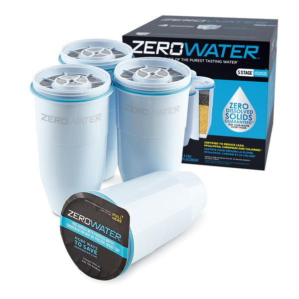 ZeroWater Official 5-Stage Water Filter for Replacement, NSF Certified to Reduce Lead, Other Heavy Metals and PFOA/PFOS, 4-Pack, White