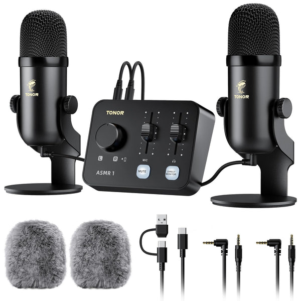 TONOR ASMR Microphone Equipment Bundle with Audio Interface, Immersive 3D Stereo Audio, Dual Condenser Mics with Audio Mixer, Clear Sound, Volume Control, with Furry Windscreens, Set for ASMR, Black