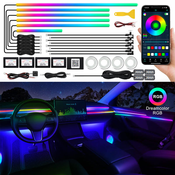 Dreamcolor Acrylic Interior Car LED Strip Light with Wireless APP, RGB 22 in 1 with 175 inches 593 LEDs Fiber Optic Ambient Lighting Kits, 16 Million Colors Sound Active Function Car Neon Lights