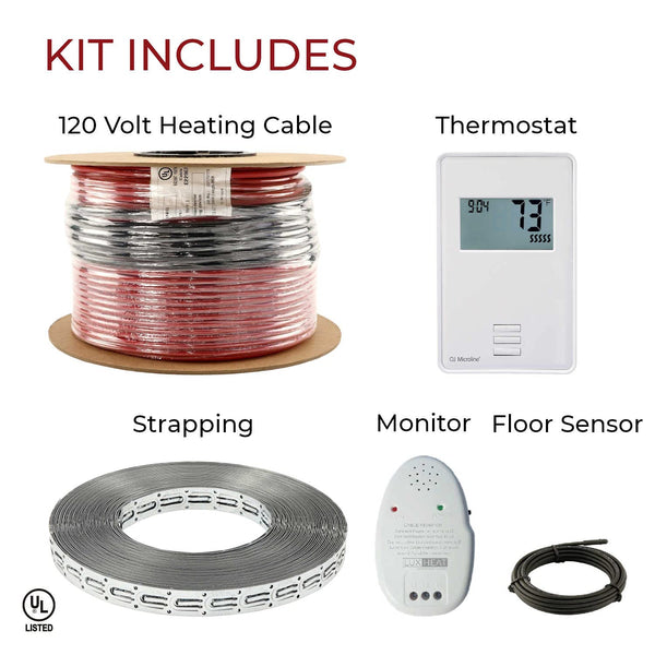 LuxHeat 80sqft Floor Heating Cable Kit - 120v Floor Heating System Under Tile - Heated Flooring System Includes UTN4 Non-Programmable Thermostat w/GFCI, Heater Cable, Strapping, Sensor & Alarm