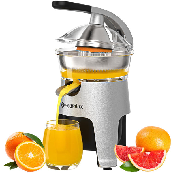 Eurolux Die Cast Stainless Steel Electric Citrus Juicer Squeezer, for Orange, Lemon, Grapefruit | 300 Watts of Power, With 2 Stainless Steel Filter Sizes for Pulp Control