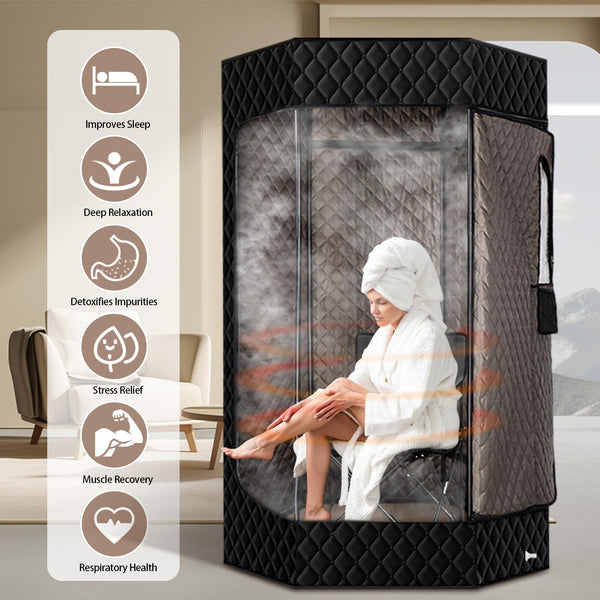 PEEKO Portable Sauna for Home, Full Size Personal XL 6'3'' Hexagon Steam Sauna Tent with 4L 1500W Steamer, Pocketed Foldable Chair, Customized Sweat Mat and Remote Control