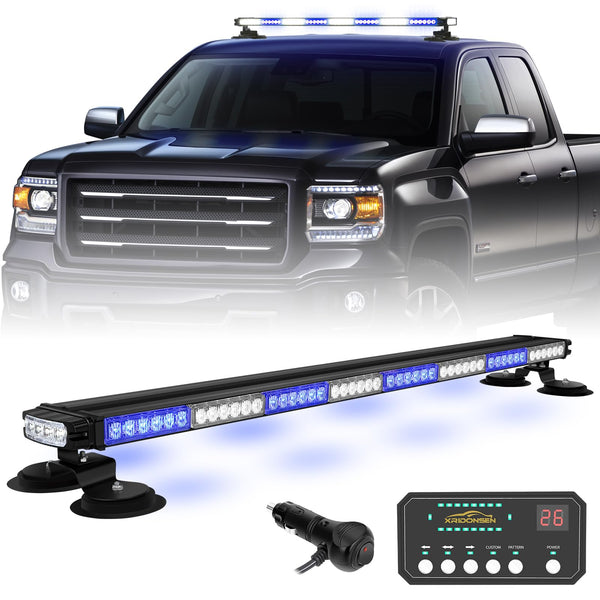 XRIDONSEN 37" 104 LED Roof Top Blue White Emergency Magnetic Police Firefighter Traffic Advisor Strobe Light Bar Warning Flashing Safety Lights w/Controller for Vehicles POV Trucks