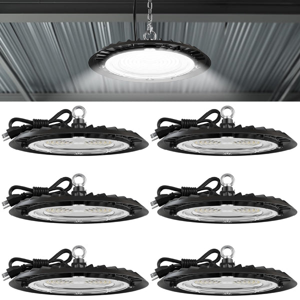 Sunco 6 Pack UFO LED High Bay Light, Plug & Play Lighting for Warehouse, 5000K Daylight, 150W, Power Cord Included, 19500 LM, 120VAC, IP65 Waterproof Shatterproof Fixture - UL Listed