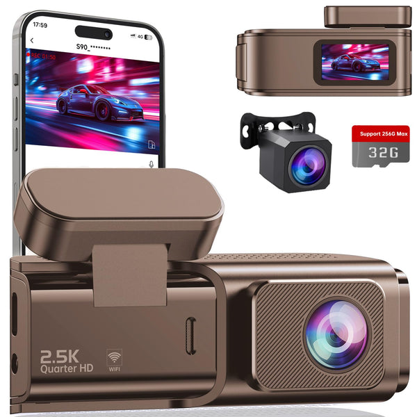 Dash Cam Front and Rear: 2.5K+1080P Dual Dash Camera for Cars, Ecomoment Car Camer with 1.47" IPS Screen, Built-in Wi-Fi, 170° Wide Angle, G-Sensor, 24H Parking Mode, Included 32GB Card, Gold