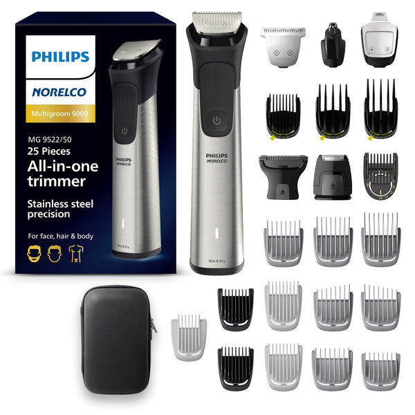 Philips Norelco Multigroom 9000 Series, All-in-One Trimmer, Beard Trimmer and Hair Clipper, 25-Piece/27-Length Men's Grooming Kit for Beard, Face, Nose, Ear and Body, Travel Kit, MG9522/50