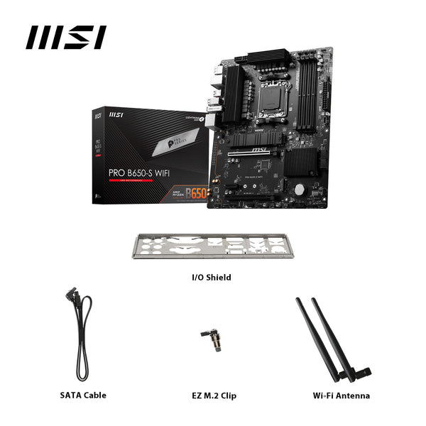 MSI PRO B650-S WIFI Motherboard, ATX - Supports AMD Ryzen 9000 / 8000 / 7000 Series Processors, AM5 - DDR5 Memory Boost 6000+MHz/OC, 2 x PCIe 4.0 x16, 2 x M.2 Gen4, Wi-Fi 6E