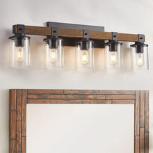 DADUL 5-Light Bathroom Vanity Light, Farmhouse Bathroom Light Fixtures Over Mirror, Classic Wood Vanity Light with Clear Glass Shade, Black Wall Sconce for Bathroom, Bedroom