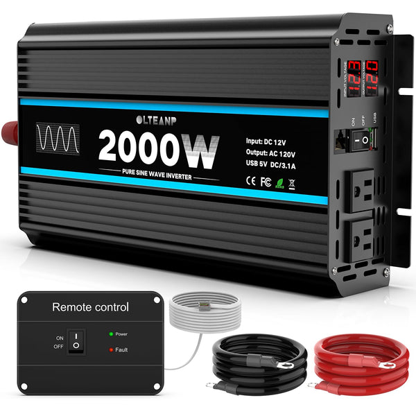 OLTEANP 2000 Watts Pure Sine Wave Inverter 12V DC to 110/120V AC Power Inverter with 2 AC Outlets, 3.1A USB Port, LCD Display, Remote Controller, Car Power Converter for Truck, Home, Vehicles, Boat