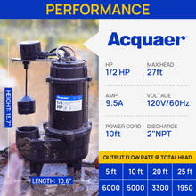 Acquaer 1/2HP Sump Pump Submersible, 6000 GPH Cast Iron Sewage Pump with Automatic Integrated Vertical Float Switch and Piggyback Plug, 2'' NPT Discharge Basements Pump for Sewers, Flood Zones