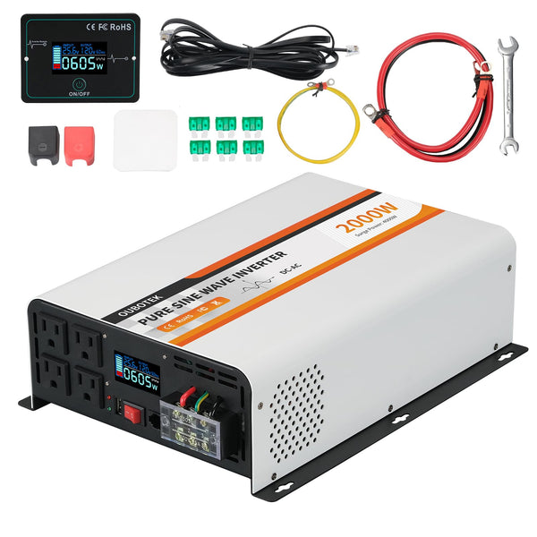 OUBOTEK 2000W Pure Sine Wave Inverter 24V DC to 120V AC Converter for Truck Boat Camping Outdoor Solar System, 2000 Watt Power Inverter with LCD Display, Remote Controller, USB Port, 4 AC Outlets