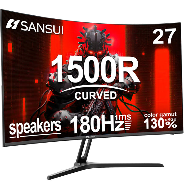 SANSUI 27 Inch Curved Gaming Monitor 180Hz 1ms with Speakers FHD 1080P Computer Monitor FreeSync|1500R|130% sRGB|HDR|Low Blue Light|HDMI DP Ports|VESA Mount|Metal Stand(ES-G27C1 HDMI Cable Included)