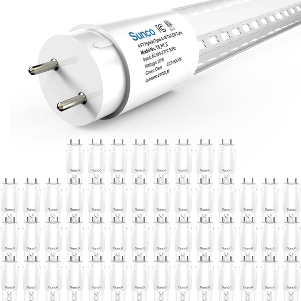 Sunco 50 Pack T8 LED Tubes 4FT Fluorescent Replacement Bypass Ballast or Plug and Play 20W 2400 LM 6000K Daylight Deluxe Ballast Compatible Single Ended or Double Ended Hybrid Type A+B Clear Lens.