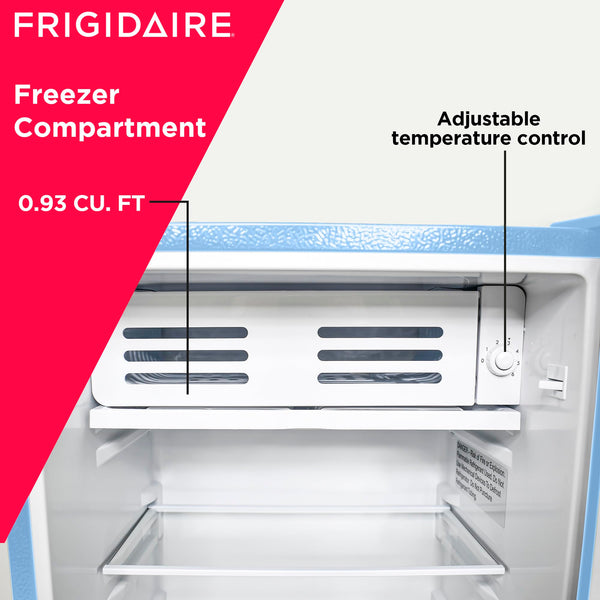 Frigidaire Retro Compact Fridge with Chiller, 3.2 cu ft Countertop Fridge with Built-In Bottle Opener, Compact Refrigerator for Office, Bedroom, Dorm Room or Cabin - 16.5" D x 19" W x 31" H (Blue)