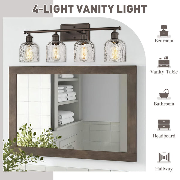 zeyu 4 Light Fixtures for Bathroom Above Mirror, Vintage Vanity Lighting Fixtures, Oil Rubbed Bronze Finish with Clear Hammered Glass, ZJF63B-4W ORB