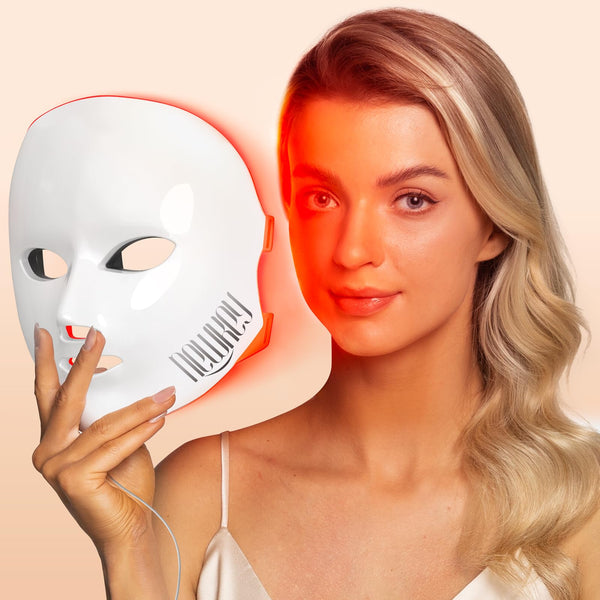 NEWKEY LED Face Mask Light Therapy,Red Light Therapy for Face Wrinkle Blue Light Therapy Mask for Face Acne,150LEDs,10 Min Auto Shut off, Wired