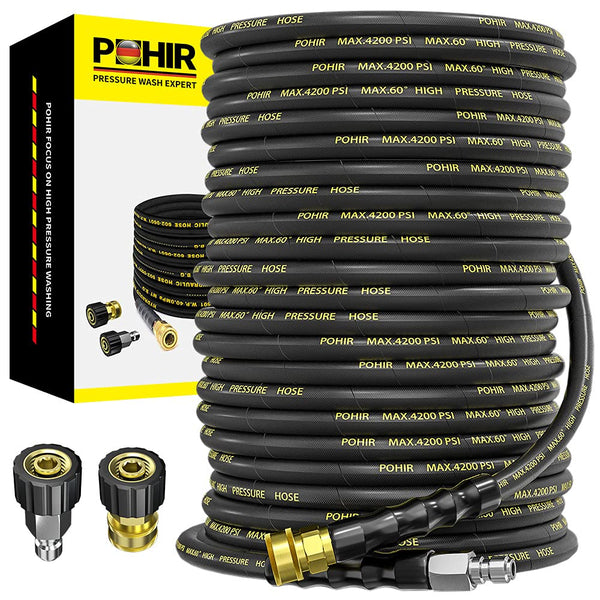 POHIR Pressure Washer Hose 150 FT with 3/8'' Quick Connect, High Tensile Wire Braided Power Washer Hose with 2 Quick Connect Kits, Compatible M22 14mm, Hose for Pressure Washer, 4200 PSI