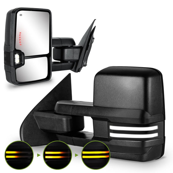 SIZIOM Towing Mirrors for 2014-2018 Chevy Silverado/GMC Sierra Switchback Dynamic Turn Signal/Running Lights Power Heated (Textured Black with Painted Black Base)