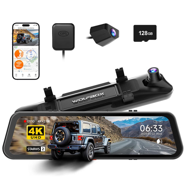 WOLFBOX G900 PRO Mirror Dash Cam with STARVIS 2 IMX678, 12 inches Rear View Mirror Camera with Front 4K and Rear 2.5K, Included 128GB Card, Voice Control, 5.8GHz WiFi, Loop Recording, G-Sensor & GPS